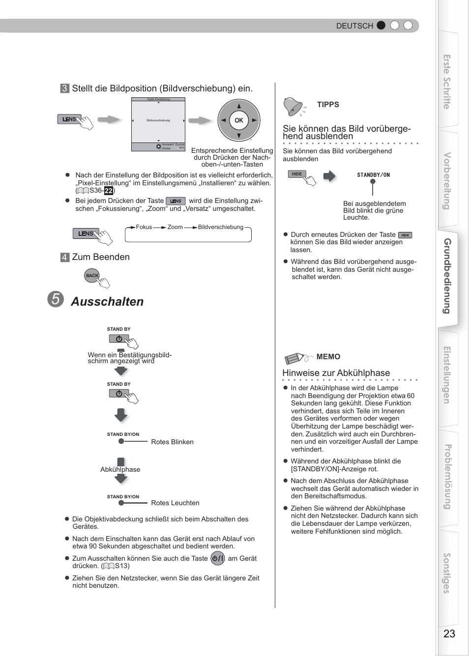 Ausgeblendet, S23), Abkühlphase | Bild vorübergehend ausblenden, Ausschalten | JVC DLA-HD550 User Manual | Page 23 / 175