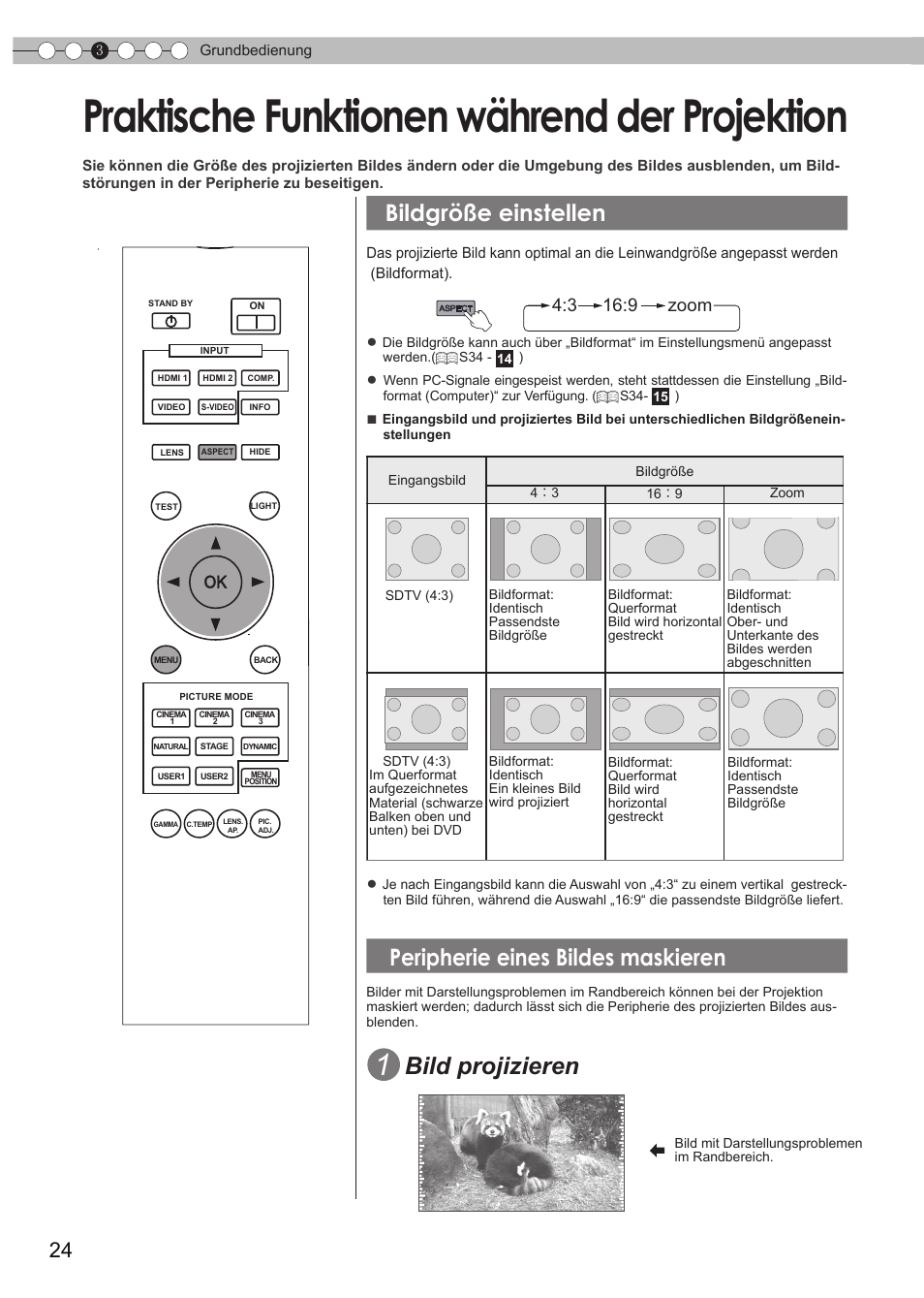 Praktische funktionen während der projektion, Bildgröße einstellen, Peripherie eines bildes maskieren | Praktische funktionen während der, Projektion, Bildgröße festlegen, S24), Bild projizieren, 3 16:9 zoom | JVC DLA-HD550 User Manual | Page 24 / 175