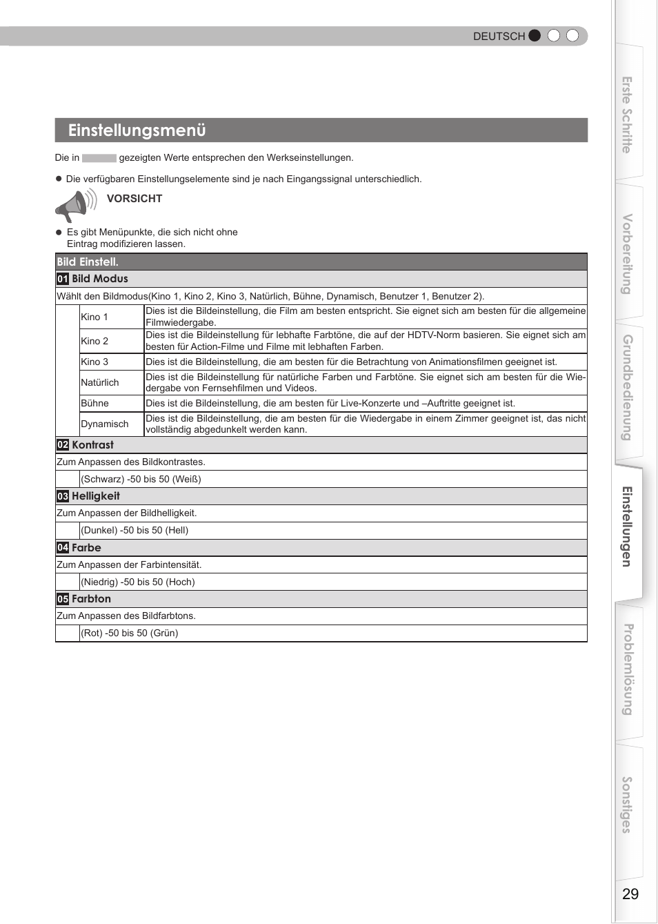 Einstellungsmenü | JVC DLA-HD550 User Manual | Page 29 / 175