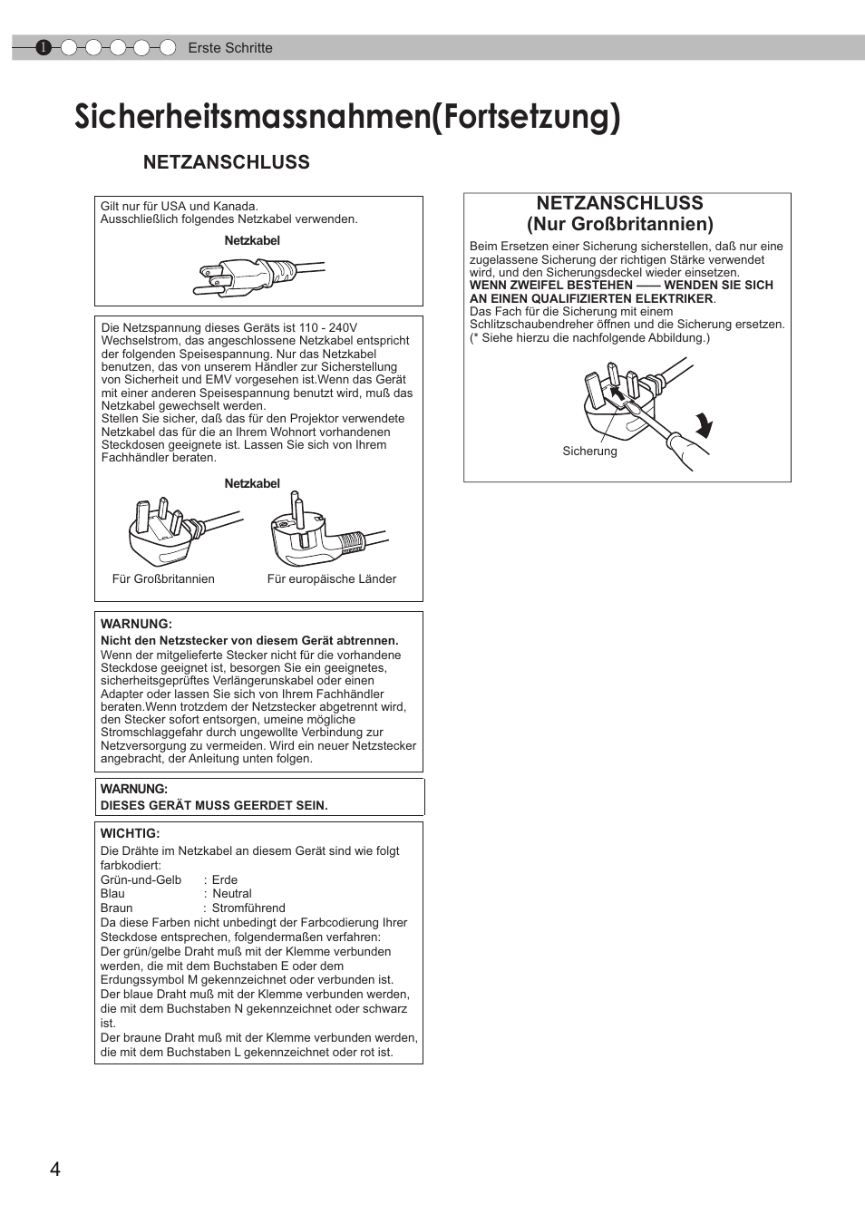 Sicherheitsmassnahmen(fortsetzung), Sicherheitsmassnahmen (fortsetzung), Netzanschluss | Netzanschluss (nur großbritannien) | JVC DLA-HD550 User Manual | Page 4 / 175