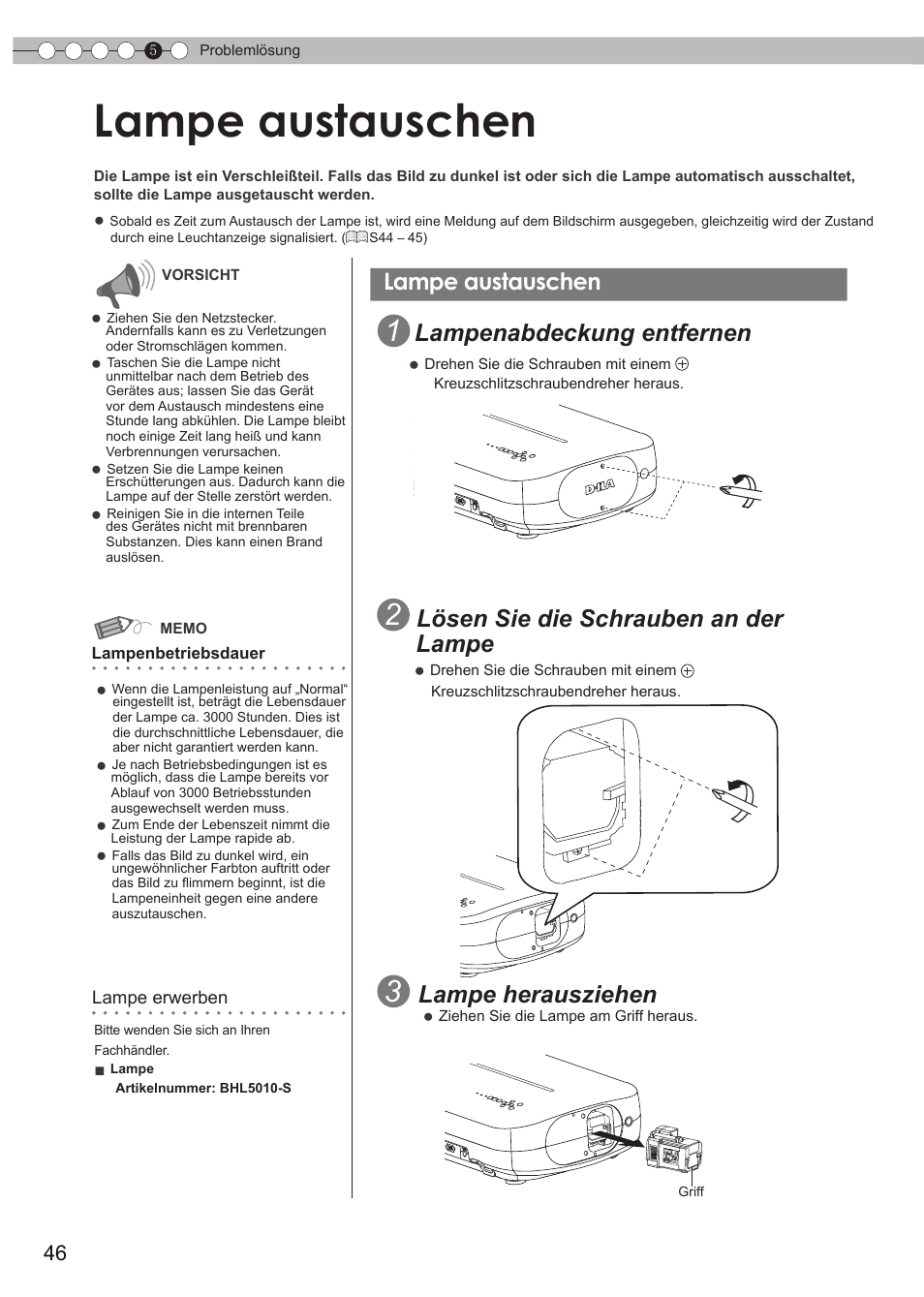 Lampe austauschen, Lampenabdeckung, S46) | S46 – 48, S46 – 48), Lampenabdeckung entfernen, Lösen sie die schrauben an der lampe, Lampe herausziehen | JVC DLA-HD550 User Manual | Page 46 / 175