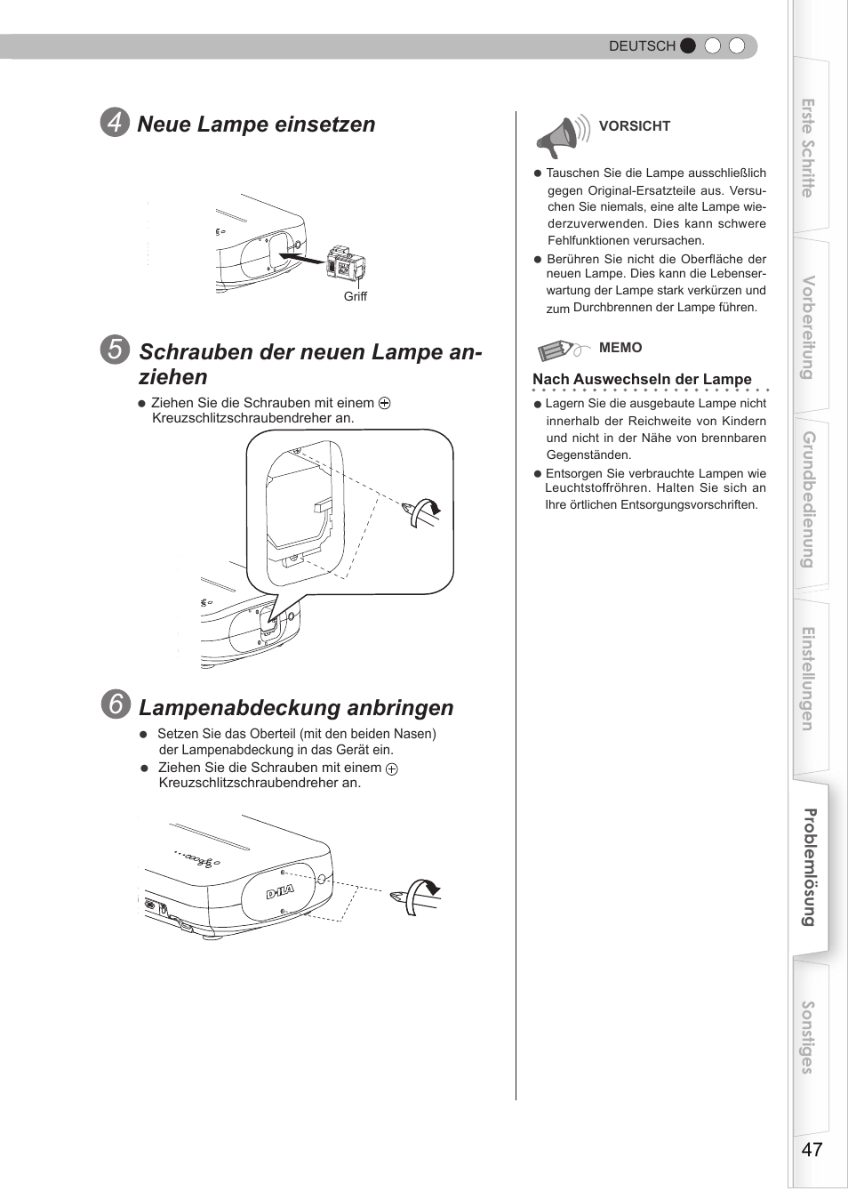 Neue lampe einsetzen, Schrauben der neuen lampe an- ziehen, Lampenabdeckung anbringen | JVC DLA-HD550 User Manual | Page 47 / 175