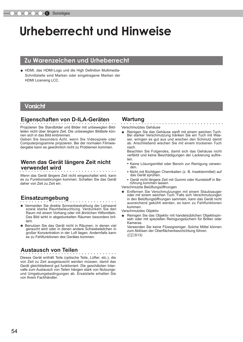 Urheberrecht und hinweise, Zu warenzeichen und urheberrecht, Vorsicht | S54), Zu warenzeichen und urheberrecht vorsicht | JVC DLA-HD550 User Manual | Page 54 / 175