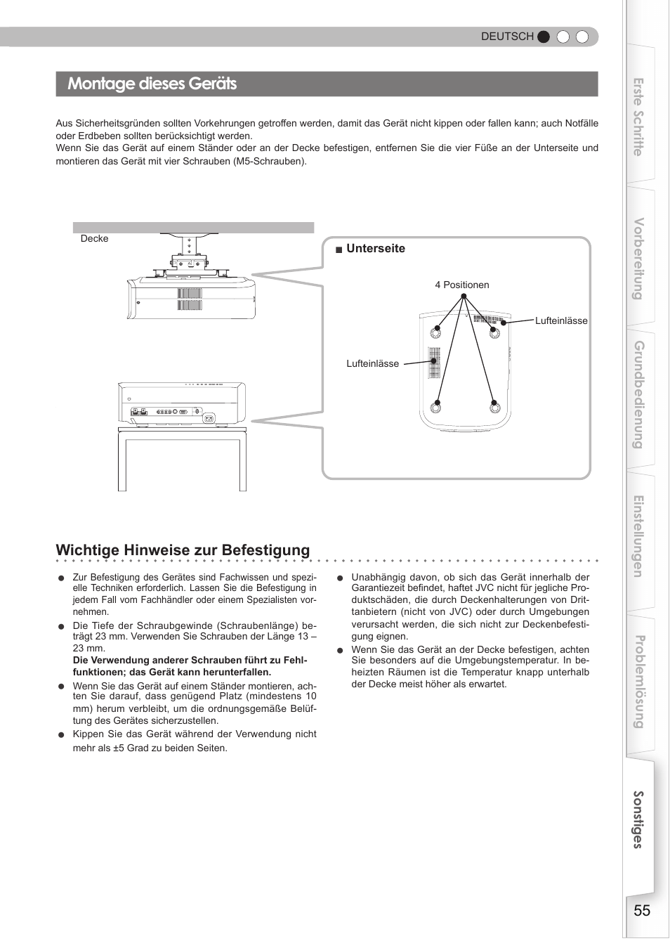 Montage dieses geräts, Wichtige hinweise zur befestigung | JVC DLA-HD550 User Manual | Page 55 / 175