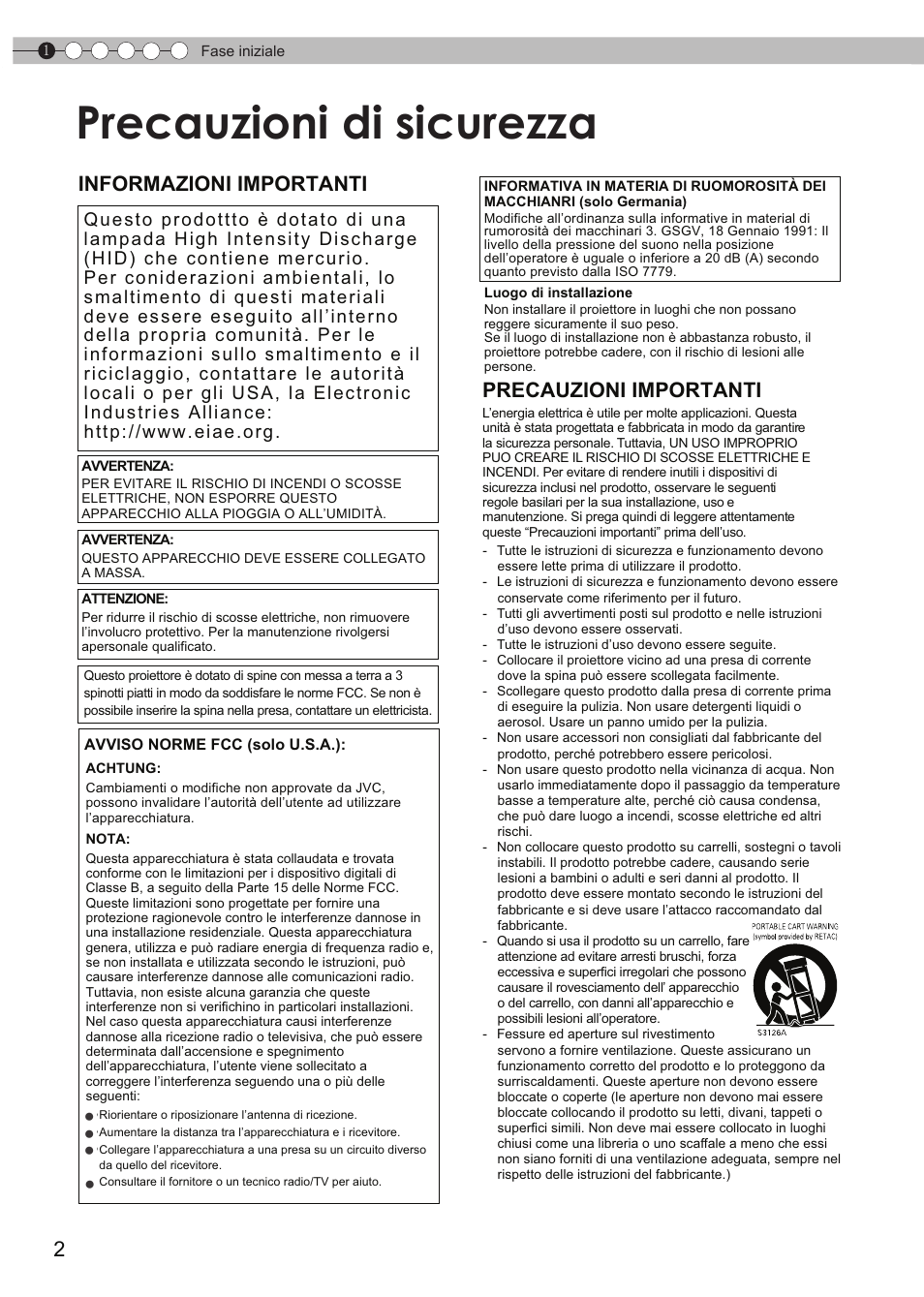 Fase iniziale, Precauzioni di sicurezza, Informazioni importanti precauzioni importanti | JVC DLA-HD550 User Manual | Page 60 / 175