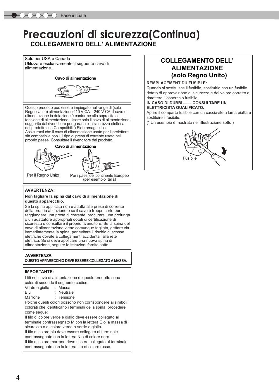 Precauzioni di sicurezza(continua), Precauzioni di sicurezza (continua), Collegamento dell’ alimentazione | JVC DLA-HD550 User Manual | Page 62 / 175