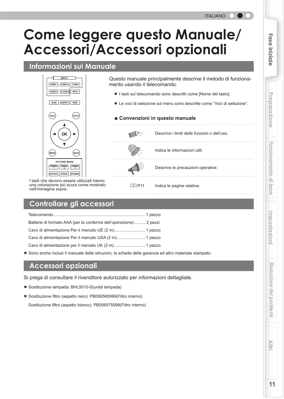 Informazioni sul manuale, Controllare gli accessori, Accessori opzionali | Come leggere questo manuale, Accessori/accessori opzionali | JVC DLA-HD550 User Manual | Page 69 / 175