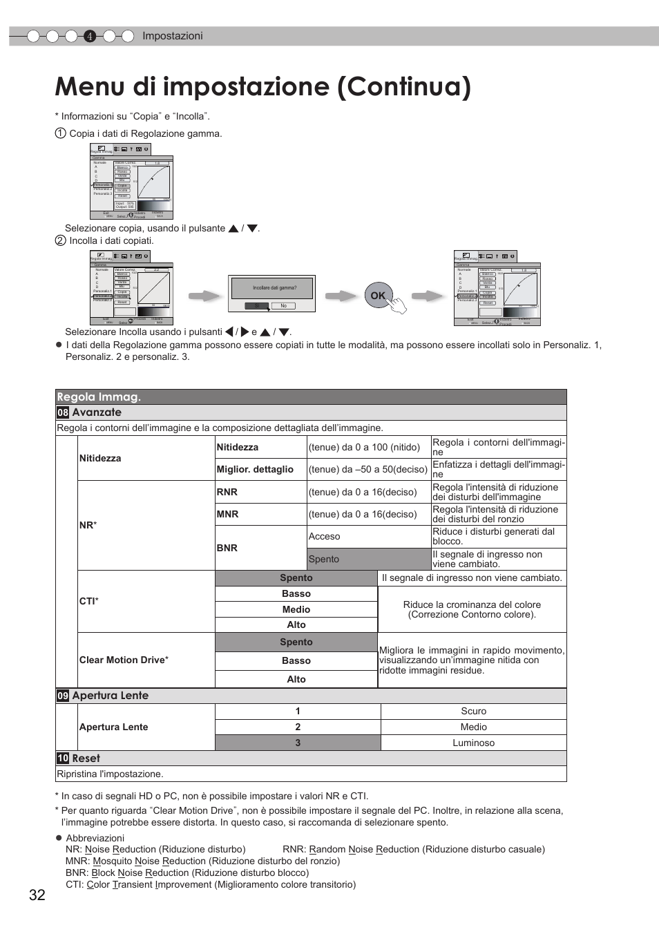 Menu di impostazione (continua), Regola immag, 4impostazioni | Avanzate, Apertura lente, Reset | JVC DLA-HD550 User Manual | Page 90 / 175