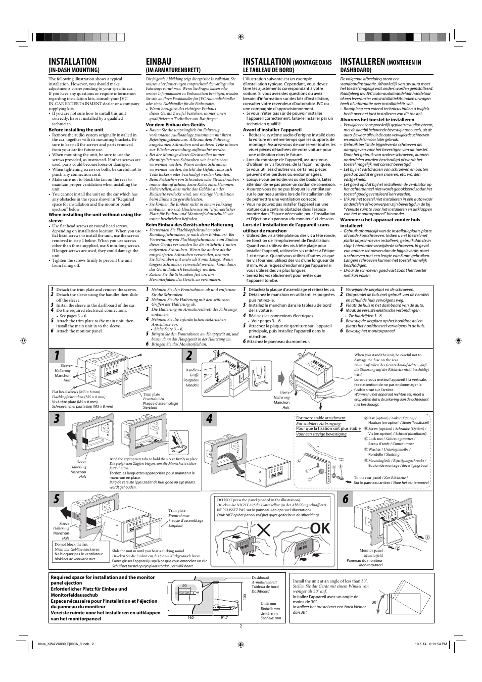 Installation (in-dash mounting), Installation, Installeren | Einbau, In-dash mounting), Montage dans le tableau de bord), Monteren in dashboard), Im armaturenbrett) | JVC KW-AVX830 User Manual | Page 2 / 6