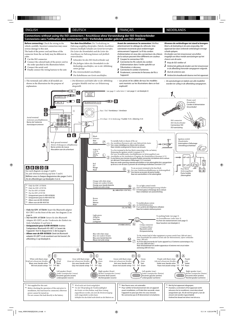 Connections without using the iso connectors, English, Français deutsch nederlands | JVC KW-AVX830 User Manual | Page 4 / 6