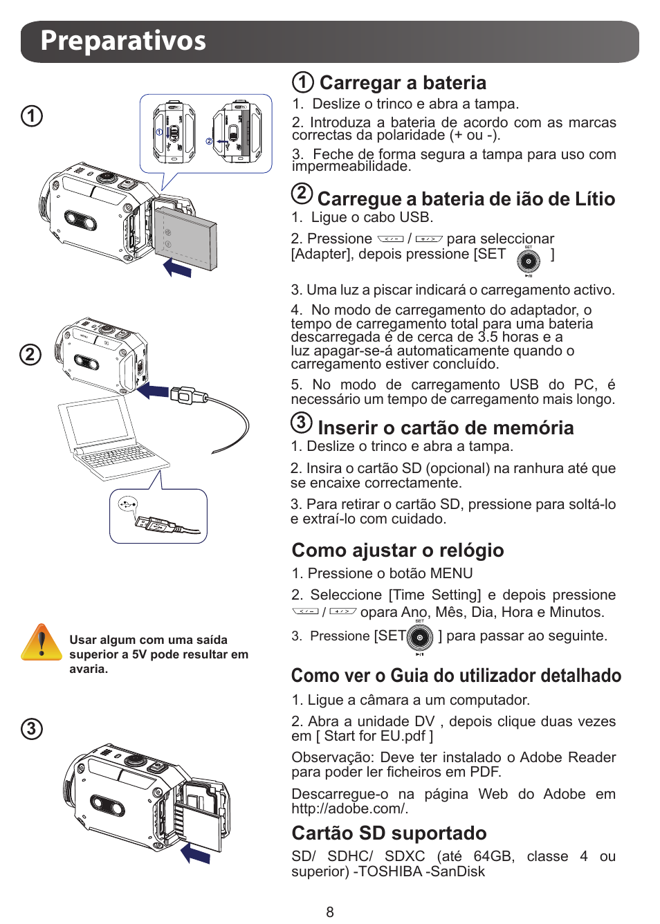 Preparativos, Inserir o cartão de memória, Carregar a bateria | Como ajustar o relógio, Como ver o guia do utilizador detalhado, Cartão sd suportado, Carregue a bateria de ião de lítio | JVC GC-XA1 BE User Manual | Page 103 / 210