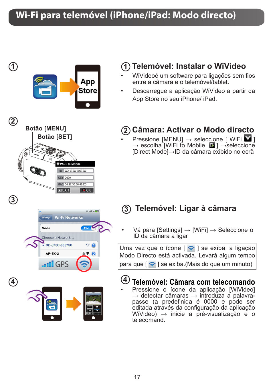 Wi-fi para telemóvel (iphone/ipad: modo directo), Telemóvel: instalar o wivideo, Câmara: activar o modo directo | Telemóvel: ligar à câmara, Telemóvel: câmara com telecomando | JVC GC-XA1 BE User Manual | Page 112 / 210