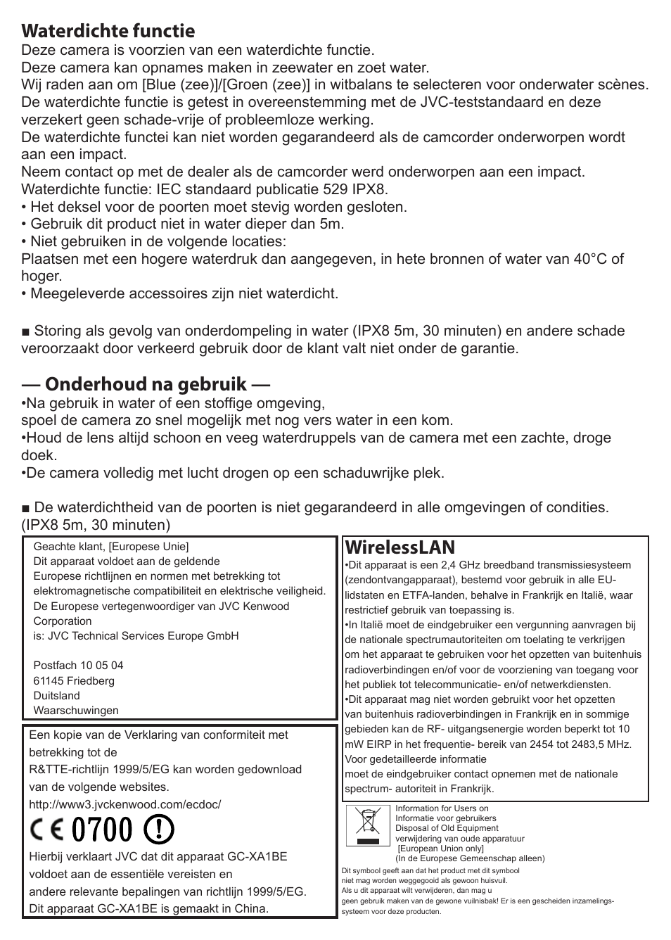 Waterdichte functie, Onderhoud na gebruik, Wirelesslan | JVC GC-XA1 BE User Manual | Page 118 / 210