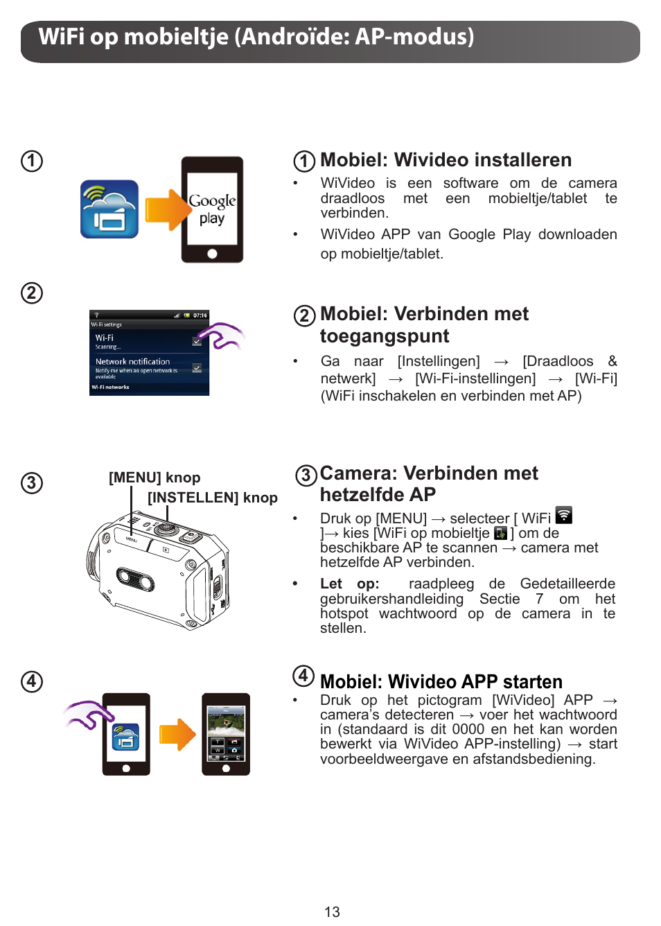 Wifi op mobieltje (androïde: ap-modus), Mobiel: wivideo installeren, Mobiel: verbinden met toegangspunt | Camera: verbinden met hetzelfde ap, Mobiel: wivideo app starten | JVC GC-XA1 BE User Manual | Page 127 / 210