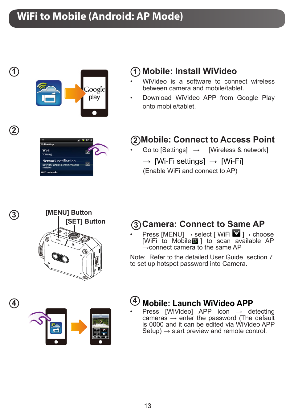 Wifi to mobile (android: ap mode), Mobile: install wivideo, Mobile: connect to access point | Camera: connect to same ap, Mobile: launch wivideo app | JVC GC-XA1 BE User Manual | Page 13 / 210