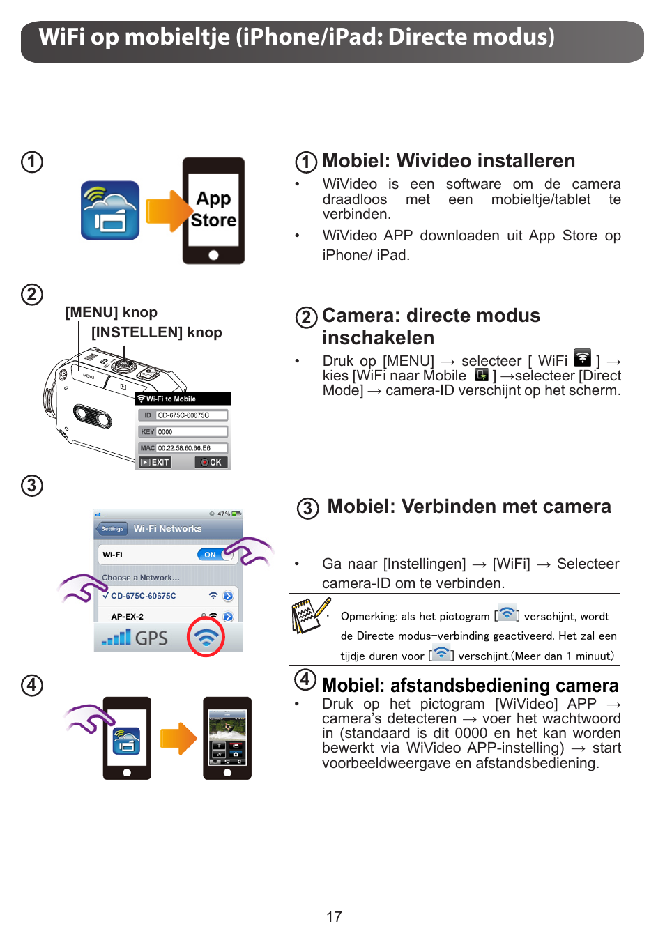 Wifi op mobieltje (iphone/ipad: directe modus), Mobiel: wivideo installeren, Camera: directe modus inschakelen | Mobiel: verbinden met camera, Mobiel: afstandsbediening camera | JVC GC-XA1 BE User Manual | Page 131 / 210