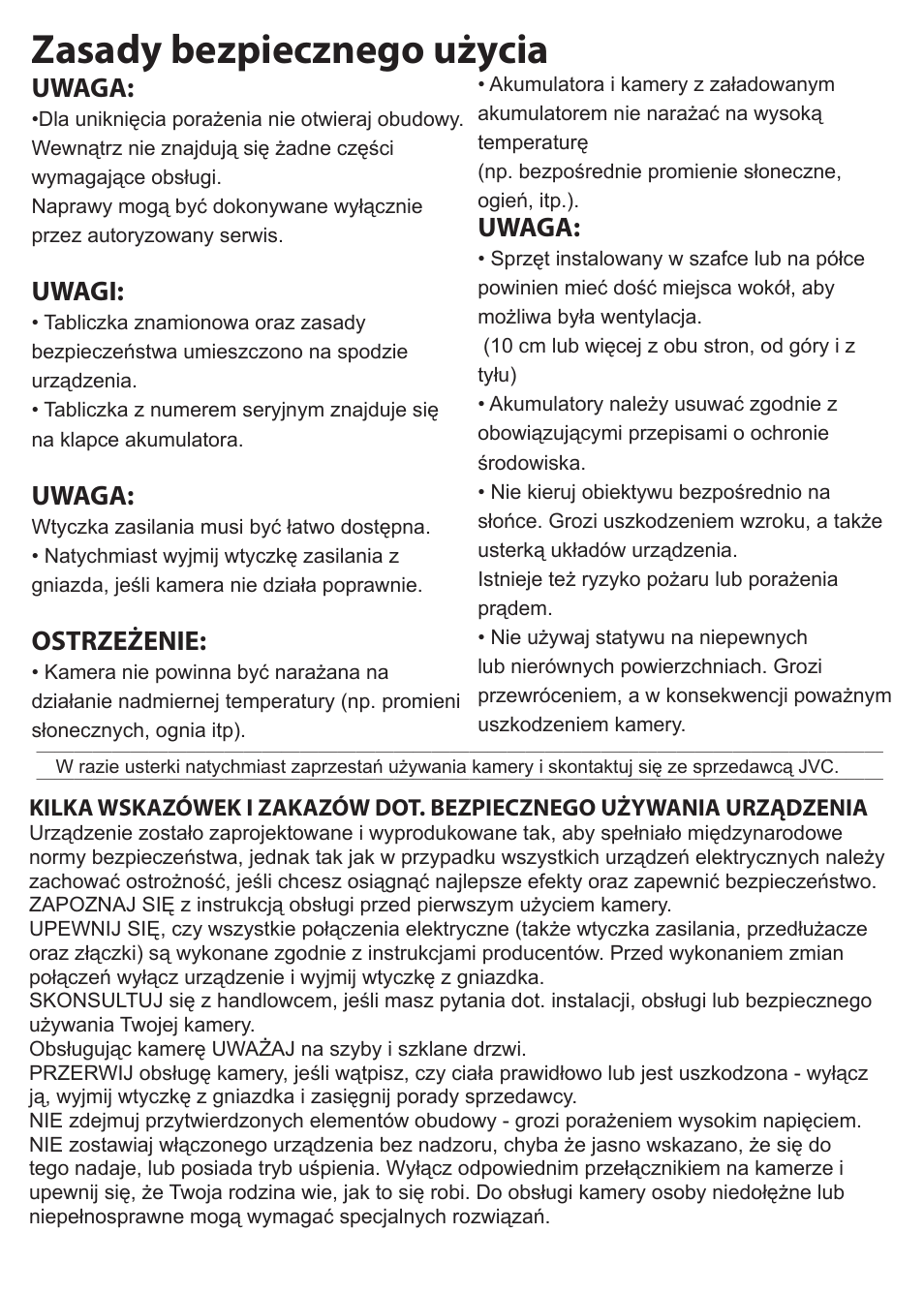 Zasady bezpiecznego użycia, Uwaga, Uwagi | Ostrzeżenie | JVC GC-XA1 BE User Manual | Page 135 / 210