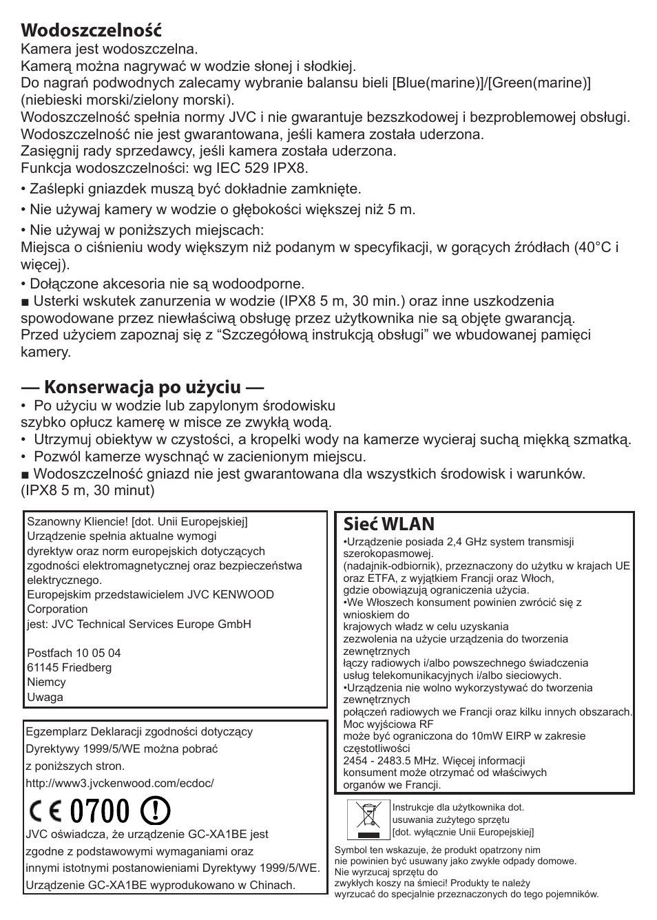 Wodoszczelność, Konserwacja po użyciu, Sieć wlan | JVC GC-XA1 BE User Manual | Page 137 / 210