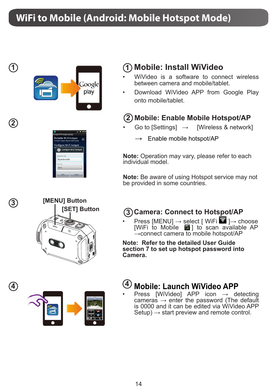 Wifi to mobile (android: mobile hotspot mode), Mobile: install wivideo, Mobile: launch wivideo app | JVC GC-XA1 BE User Manual | Page 14 / 210