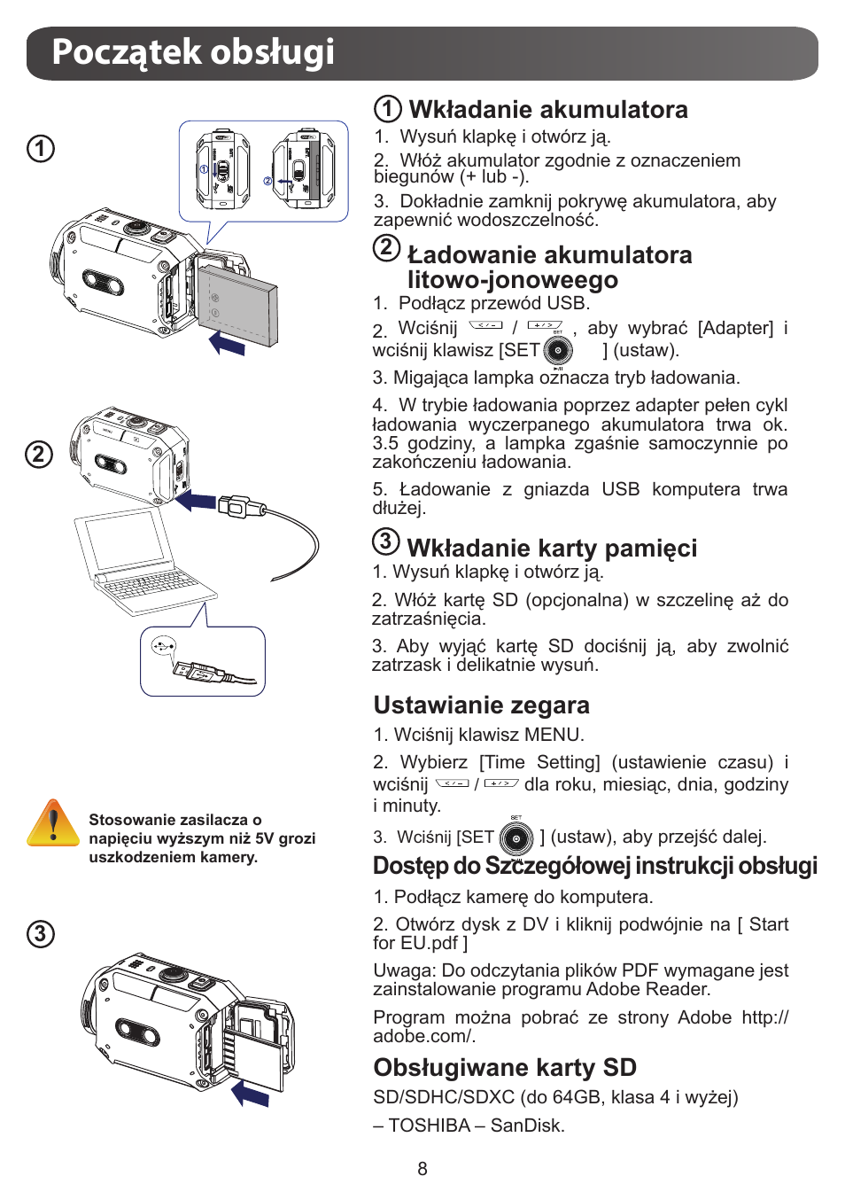 Początek obsługi, Wkładanie karty pamięci, Wkładanie akumulatora | Ustawianie zegara, Dostęp do szczegółowej instrukcji obsługi, Obsługiwane karty sd, Ładowanie akumulatora litowo-jonoweego | JVC GC-XA1 BE User Manual | Page 141 / 210