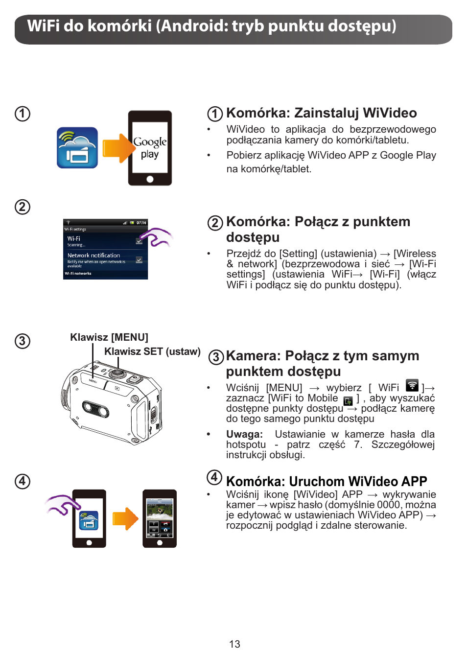 Wifi do komórki (android: tryb punktu dostępu), Komórka: zainstaluj wivideo, Komórka: połącz z punktem dostępu | Kamera: połącz z tym samym punktem dostępu, Komórka: uruchom wivideo app | JVC GC-XA1 BE User Manual | Page 146 / 210