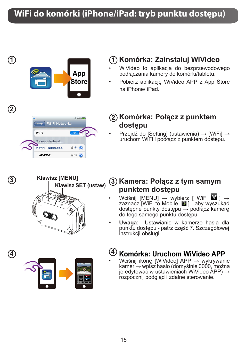 Wifi do komórki (iphone/ipad: tryb punktu dostępu), Komórka: zainstaluj wivideo, Komórka: połącz z punktem dostępu | Kamera: połącz z tym samym punktem dostępu, Komórka: uruchom wivideo app | JVC GC-XA1 BE User Manual | Page 148 / 210