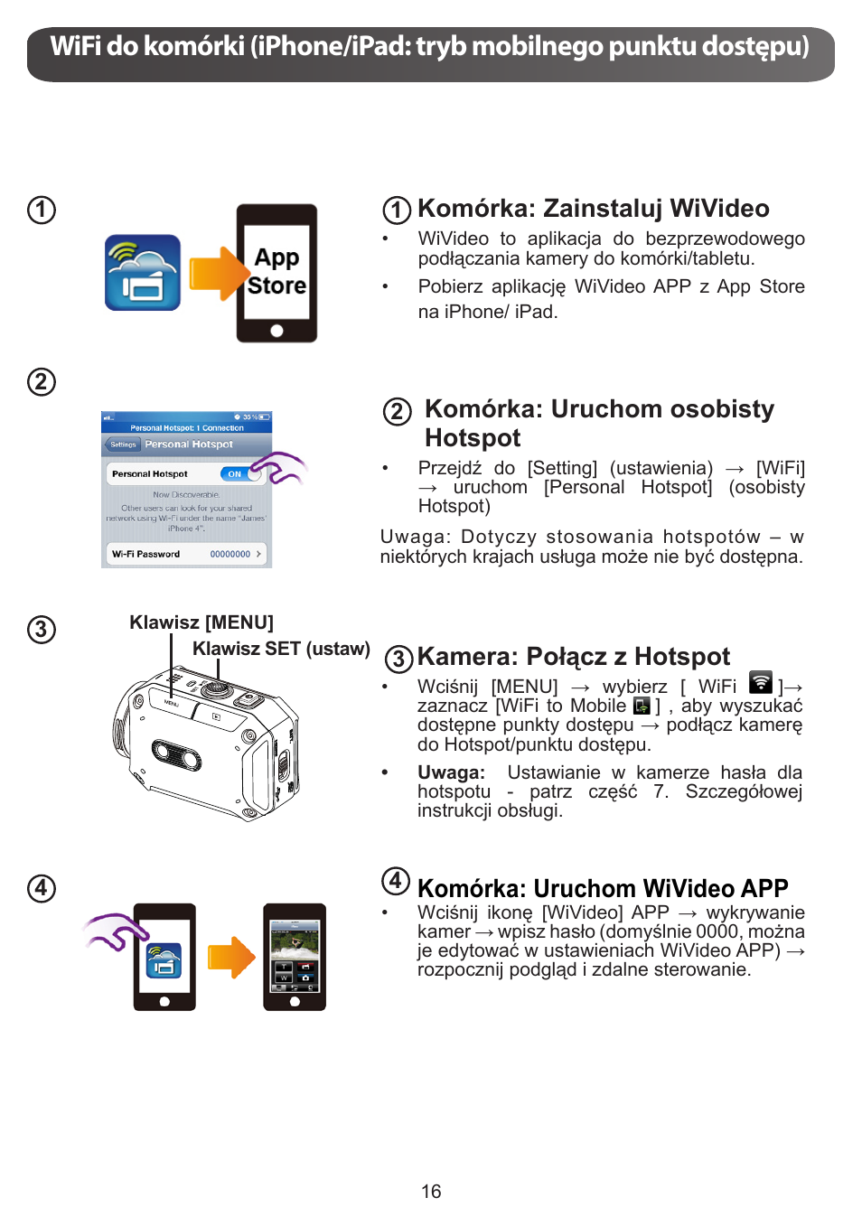 Komórka: zainstaluj wivideo, Komórka: uruchom osobisty hotspot, Kamera: połącz z hotspot | Komórka: uruchom wivideo app | JVC GC-XA1 BE User Manual | Page 149 / 210