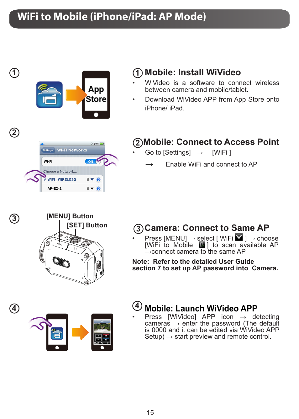 Wifi to mobile (iphone/ipad: ap mode), Mobile: install wivideo, Mobile: connect to access point | Camera: connect to same ap, Mobile: launch wivideo app | JVC GC-XA1 BE User Manual | Page 15 / 210
