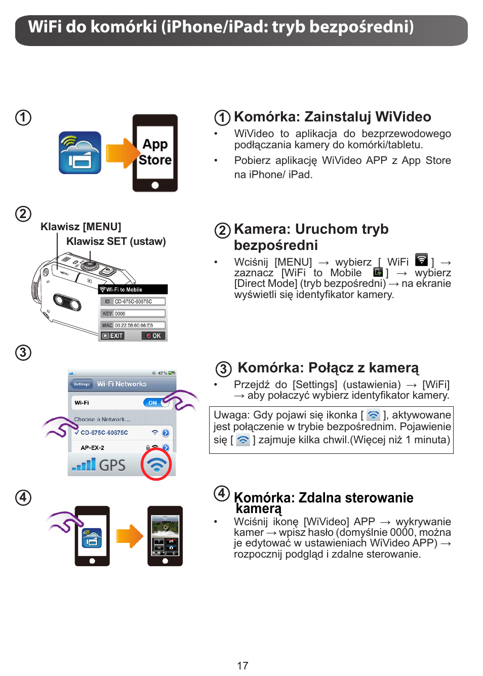 Wifi do komórki (iphone/ipad: tryb bezpośredni), Komórka: zainstaluj wivideo, Kamera: uruchom tryb bezpośredni | Komórka: połącz z kamerą, Komórka: zdalna sterowanie kamerą | JVC GC-XA1 BE User Manual | Page 150 / 210