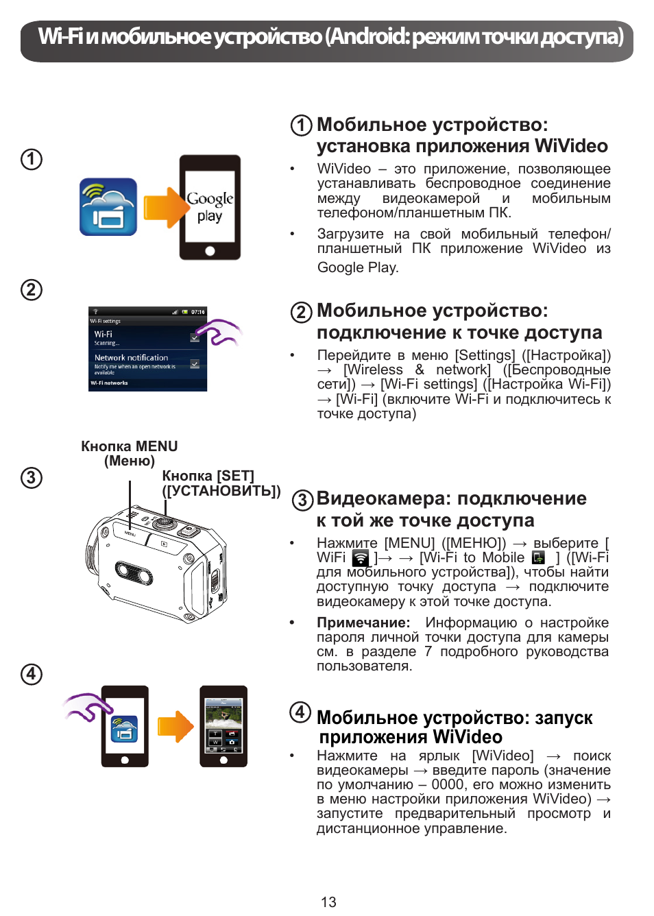 Мобильное устройство: установка приложения wivideo, Мобильное устройство: подключение к точке доступа, Видеокамера: подключение к той же точке доступа | Мобильное устройство: запуск приложения wivideo | JVC GC-XA1 BE User Manual | Page 165 / 210
