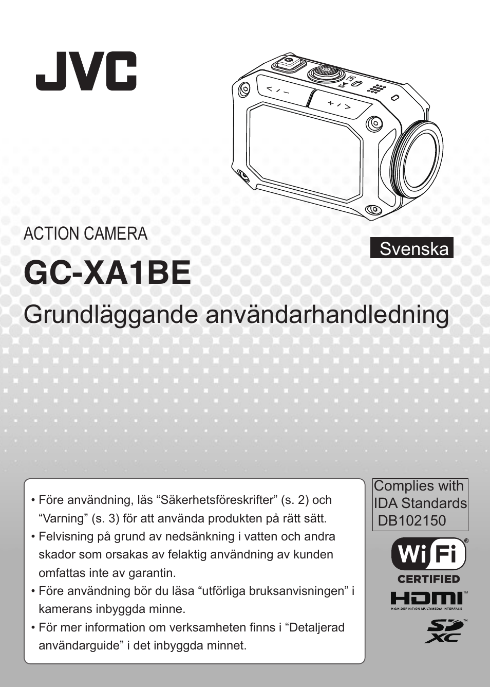 Svenska, Gc-xa1be, Grundläggande användarhandledning | Svenska action camera | JVC GC-XA1 BE User Manual | Page 173 / 210