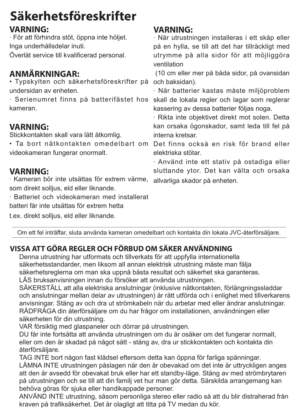 Säkerhetsföreskrifter, Varning, Anmärkningar | JVC GC-XA1 BE User Manual | Page 174 / 210