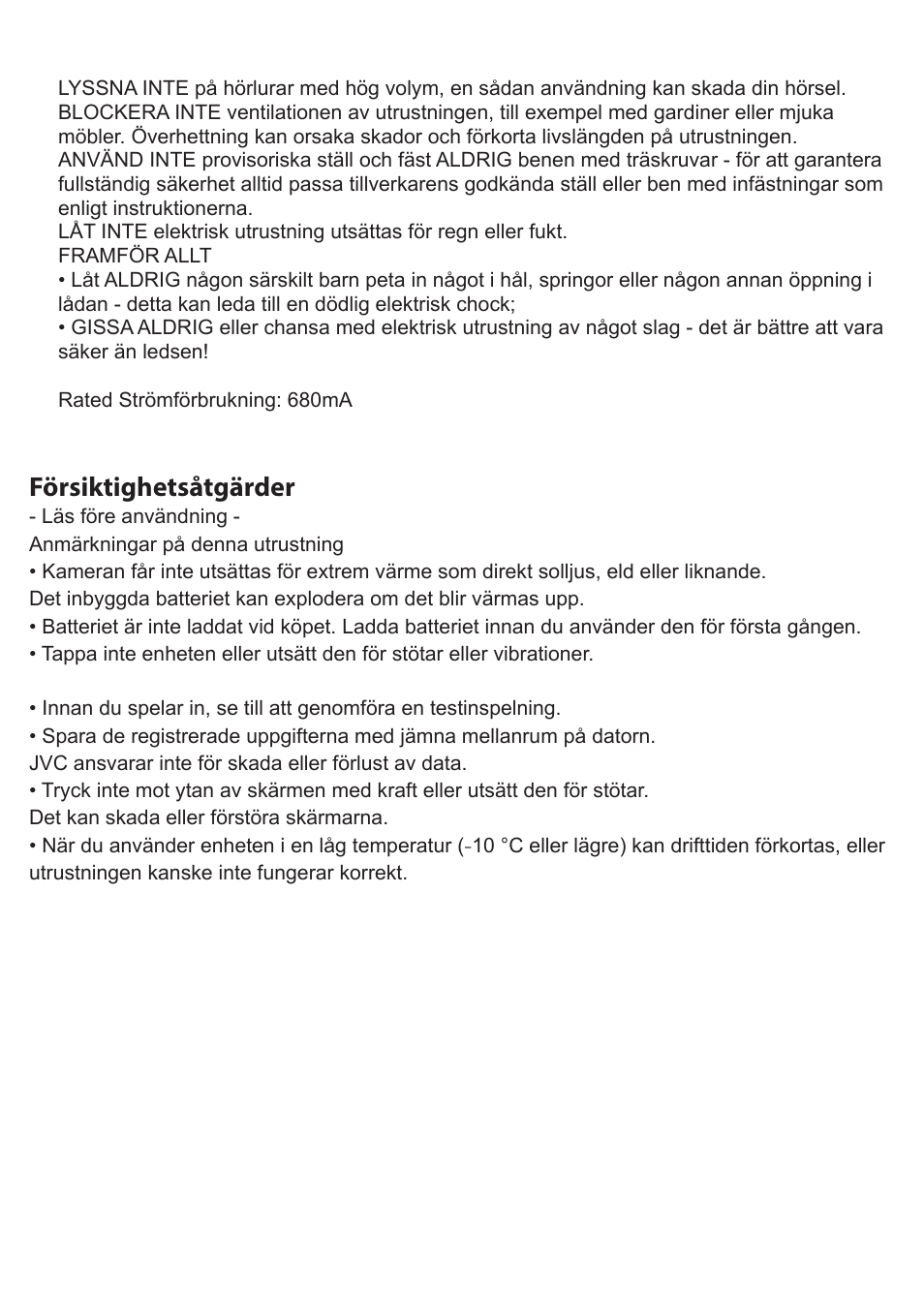 Försiktighetsåtgärder | JVC GC-XA1 BE User Manual | Page 175 / 210