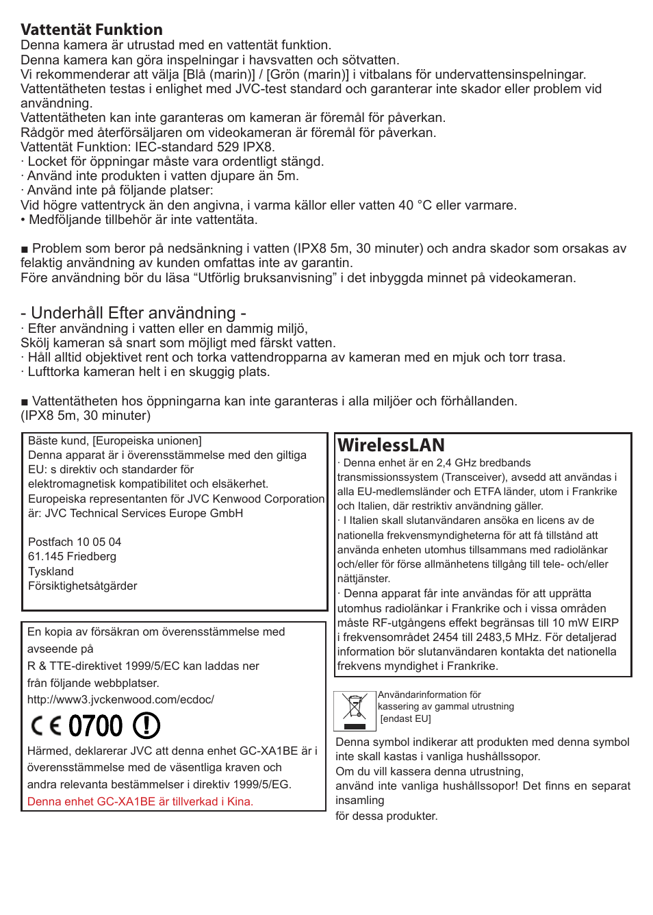 Wirelesslan, Vattentät funktion, Underhåll efter användning | JVC GC-XA1 BE User Manual | Page 176 / 210