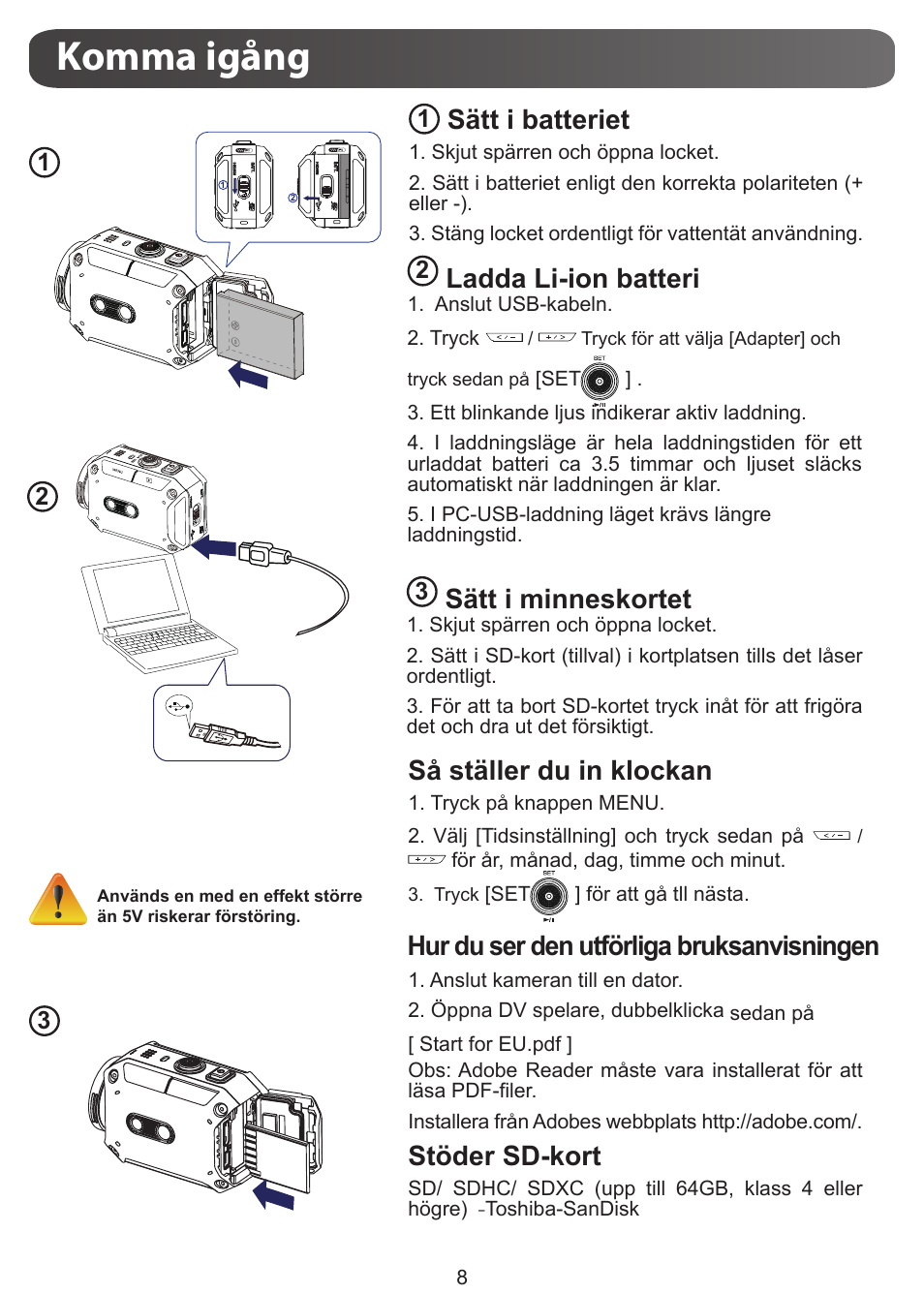 Komma igång, Sätt i minneskortet, Sätt i batteriet | Så ställer du in klockan, Hur du ser den utförliga bruksanvisningen, Stöder sd-kort, Ladda li-ion batteri | JVC GC-XA1 BE User Manual | Page 180 / 210