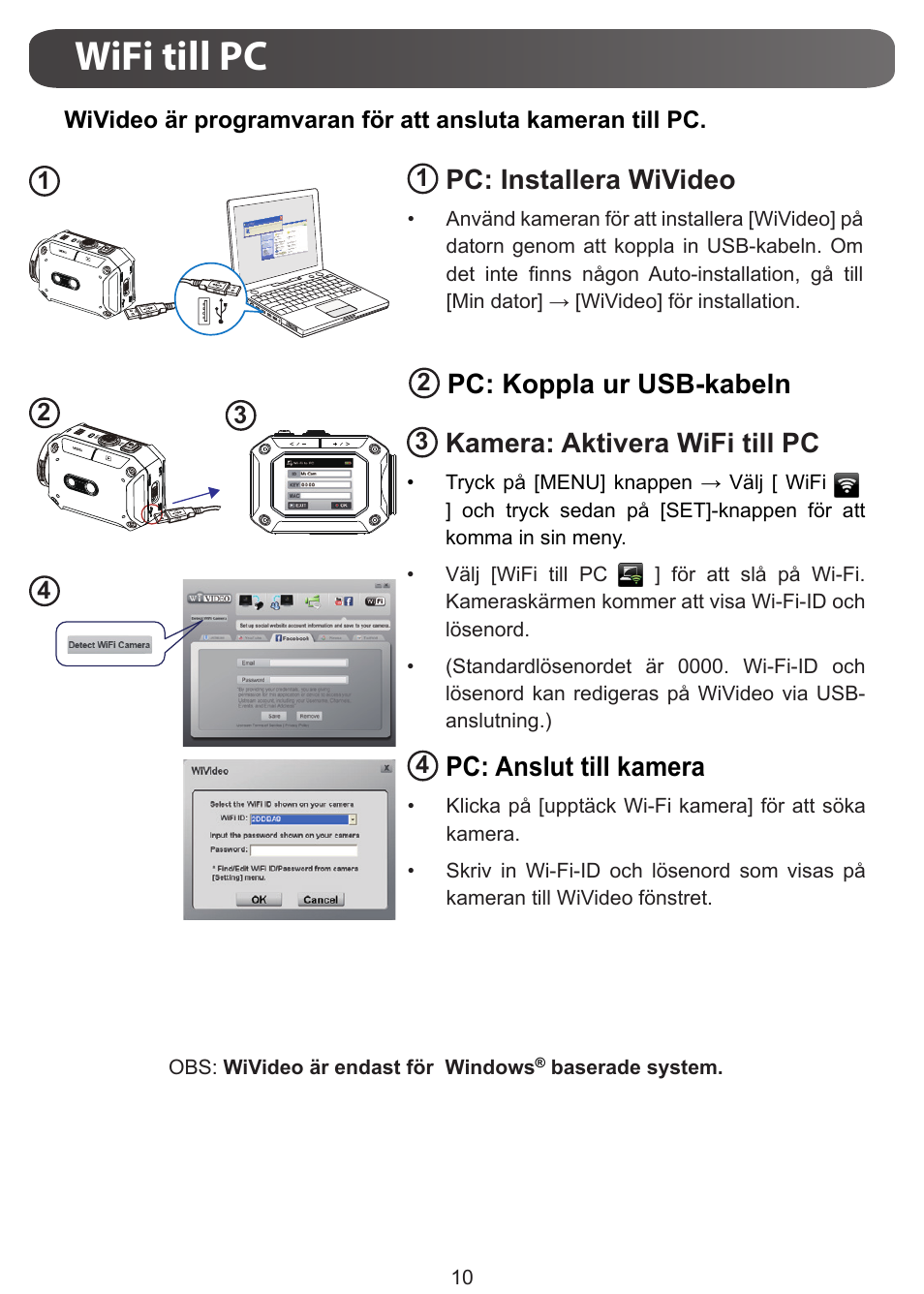Wifi till pc, Pc: installera wivideo, Pc: koppla ur usb-kabeln | Kamera: aktivera wifi till pc, Pc: anslut till kamera | JVC GC-XA1 BE User Manual | Page 182 / 210