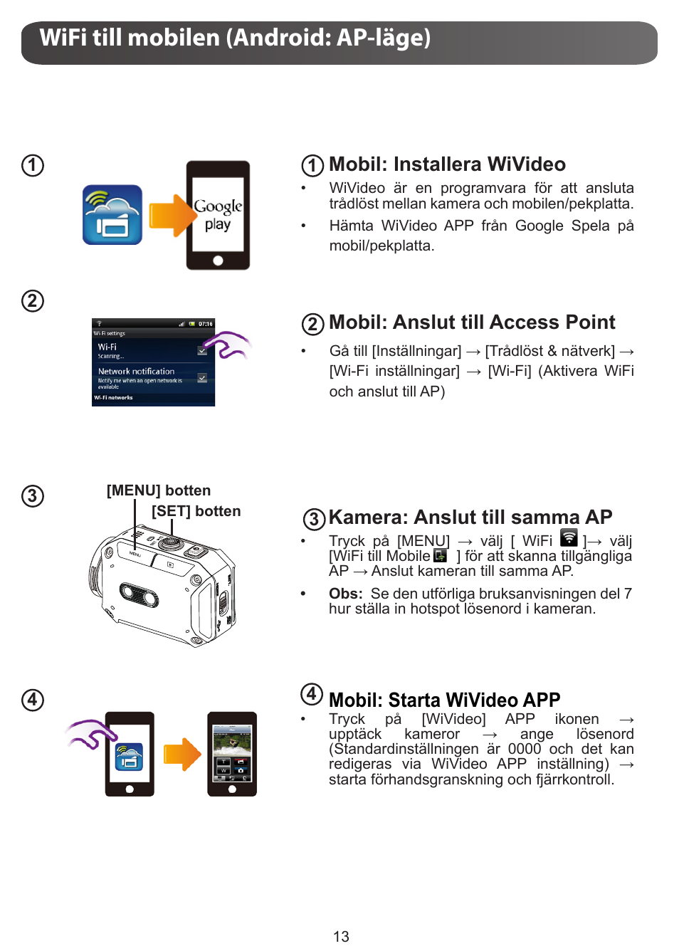 Wifi till mobilen (android: ap-läge), Mobil: installera wivideo, Mobil: anslut till access point | Kamera: anslut till samma ap, Mobil: starta wivideo app | JVC GC-XA1 BE User Manual | Page 185 / 210