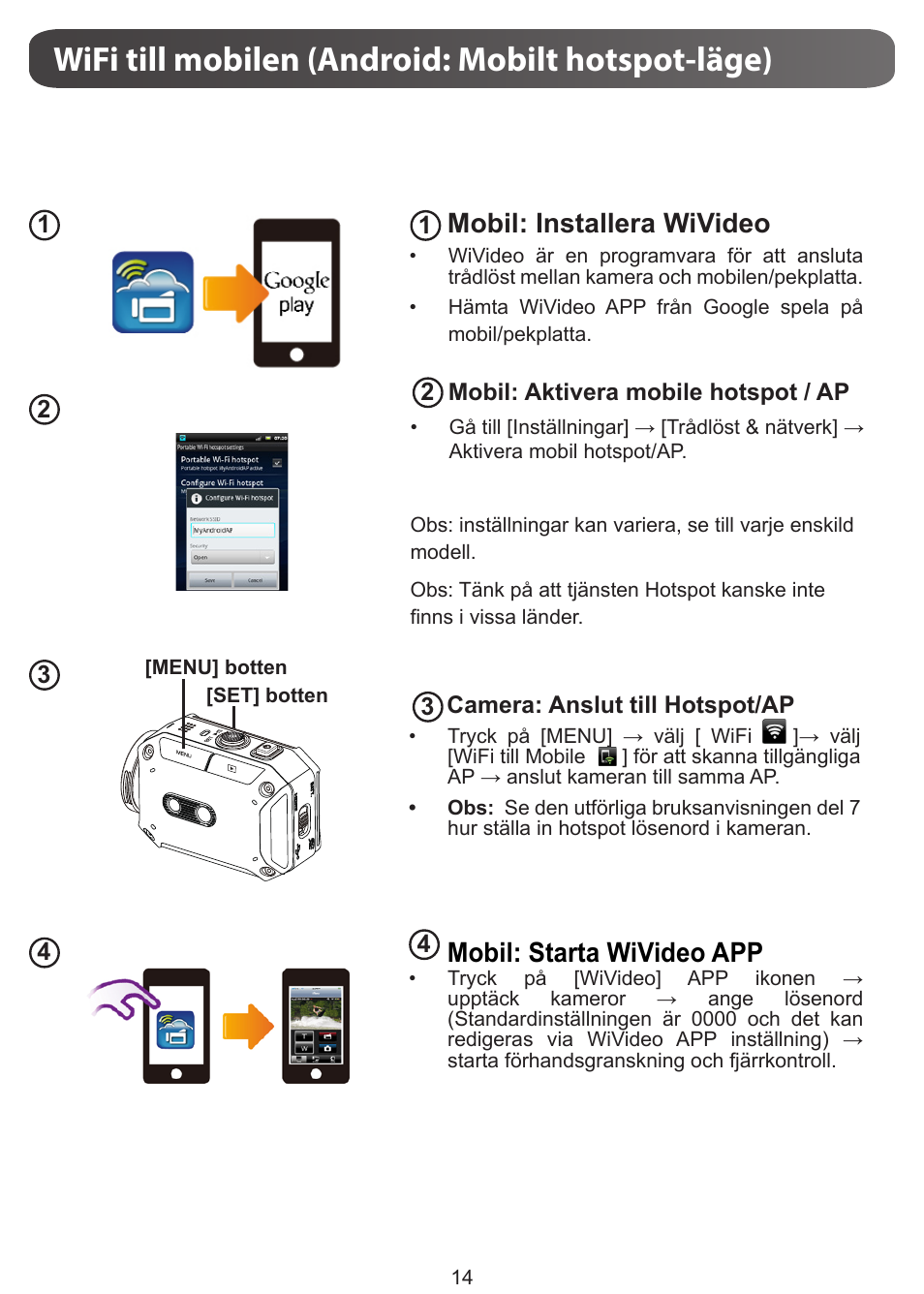 Wifi till mobilen (android: mobilt hotspot-läge), Mobil: installera wivideo, Mobil: starta wivideo app | JVC GC-XA1 BE User Manual | Page 186 / 210