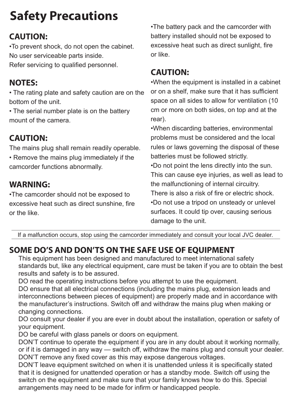 Safety precautions, Caution, Warning | Some do’s and don’ts on the safe use of equipment | JVC GC-XA1 BE User Manual | Page 2 / 210