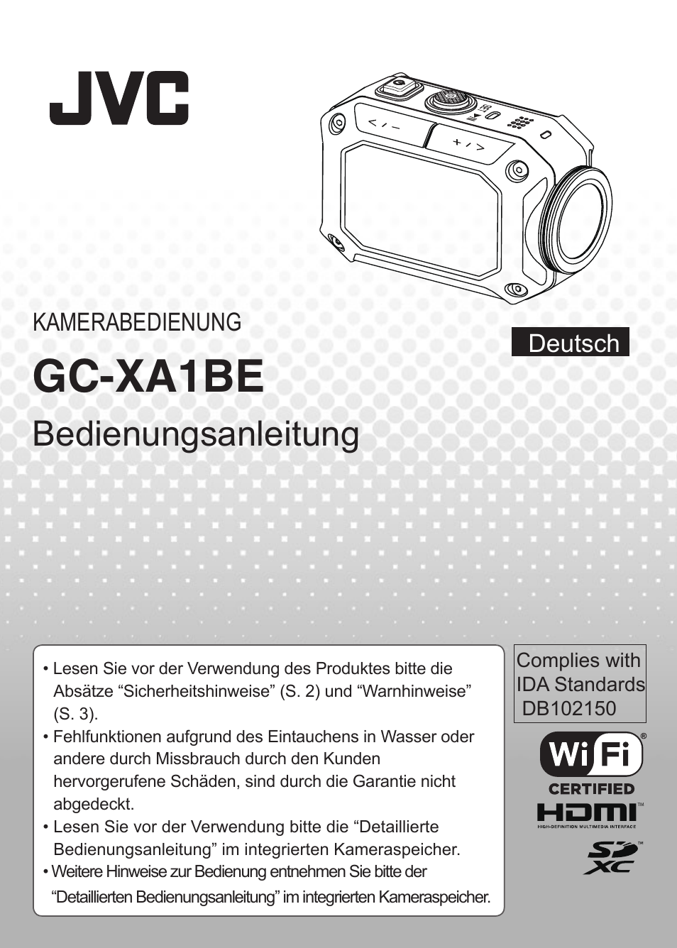 Deutsch, Gc-xa1be, Bedienungsanleitung | Deutsch kamerabedienung | JVC GC-XA1 BE User Manual | Page 20 / 210