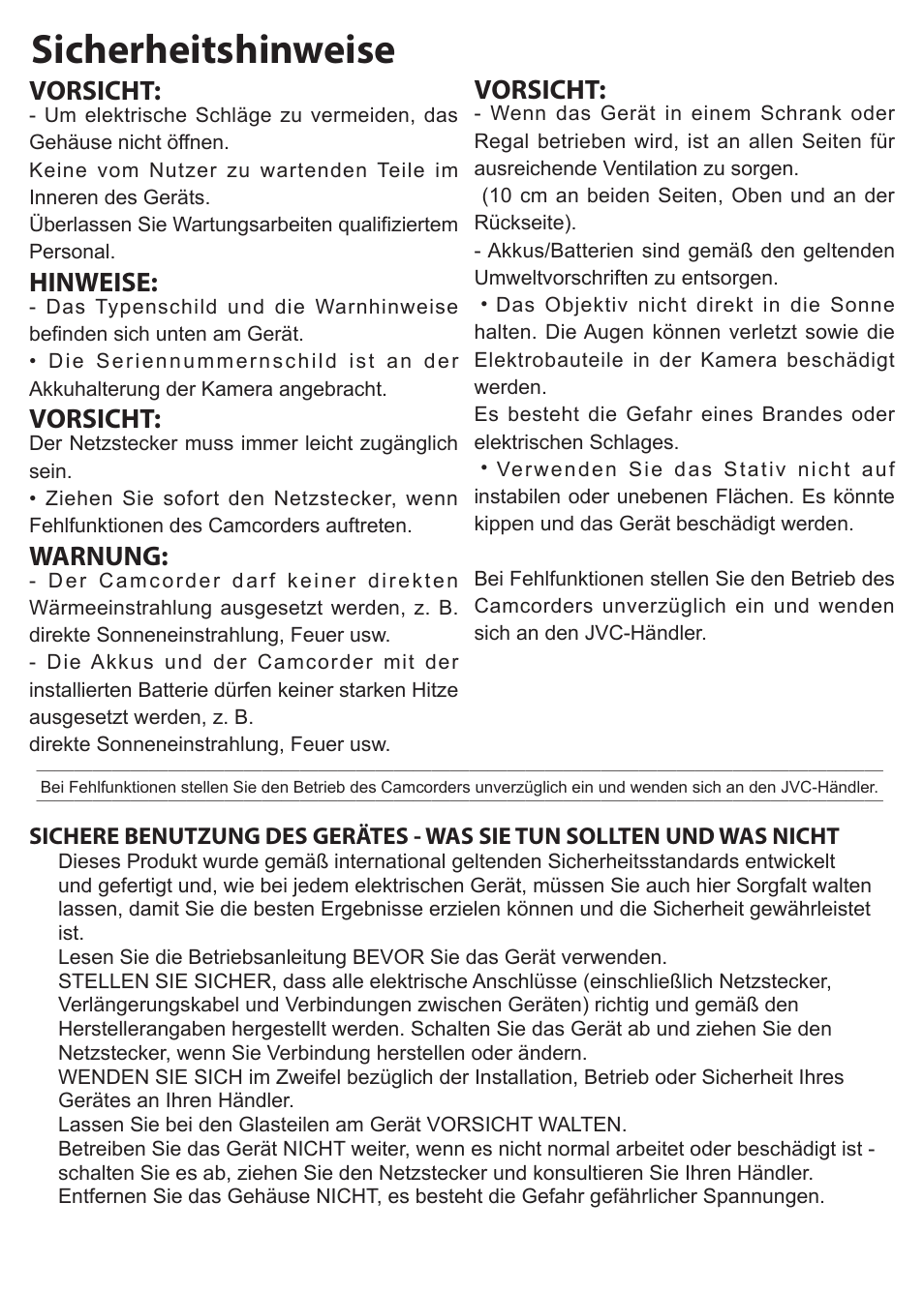 Sicherheitshinweise, Vorsicht, Hinweise | Warnung | JVC GC-XA1 BE User Manual | Page 21 / 210