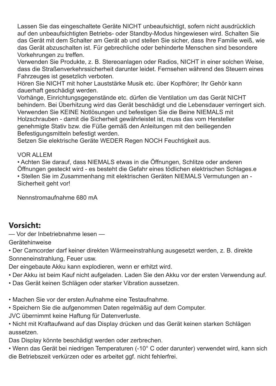 Vorsicht | JVC GC-XA1 BE User Manual | Page 22 / 210