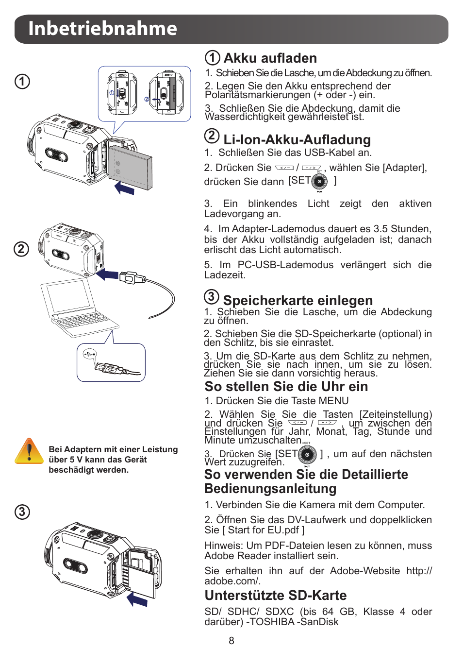 Inbetriebnahme, Speicherkarte einlegen, Akku aufladen | So stellen sie die uhr ein, Unterstützte sd-karte, Li-ion-akku-aufladung | JVC GC-XA1 BE User Manual | Page 27 / 210