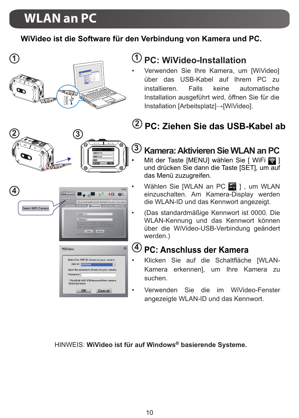 Wlan an pc, Pc: wivideo-installation, Pc: ziehen sie das usb-kabel ab | Kamera: aktivieren sie wlan an pc, Pc: anschluss der kamera | JVC GC-XA1 BE User Manual | Page 29 / 210