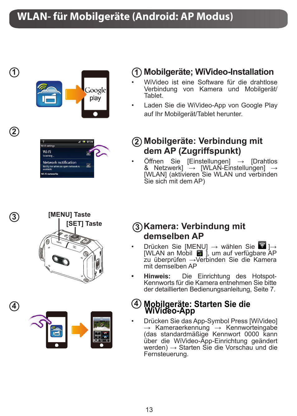 Wlan- für mobilgeräte (android: ap modus), Mobilgeräte; wivideo-installation, Mobilgeräte: verbindung mit dem ap (zugriffspunkt) | Kamera: verbindung mit demselben ap, Mobilgeräte: starten sie die wivideo-app | JVC GC-XA1 BE User Manual | Page 32 / 210