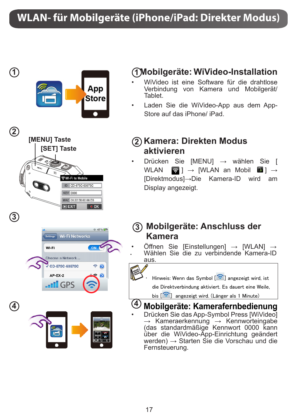 Mobilgeräte: wivideo-installation, Kamera: direkten modus aktivieren, Mobilgeräte: anschluss der kamera | Mobilgeräte: kamerafernbedienung | JVC GC-XA1 BE User Manual | Page 36 / 210