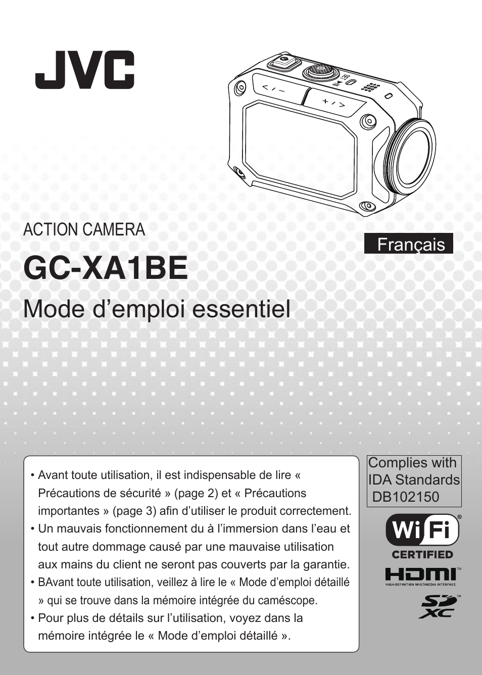Français, Gc-xa1be, Mode d’emploi essentiel | Français action camera | JVC GC-XA1 BE User Manual | Page 39 / 210