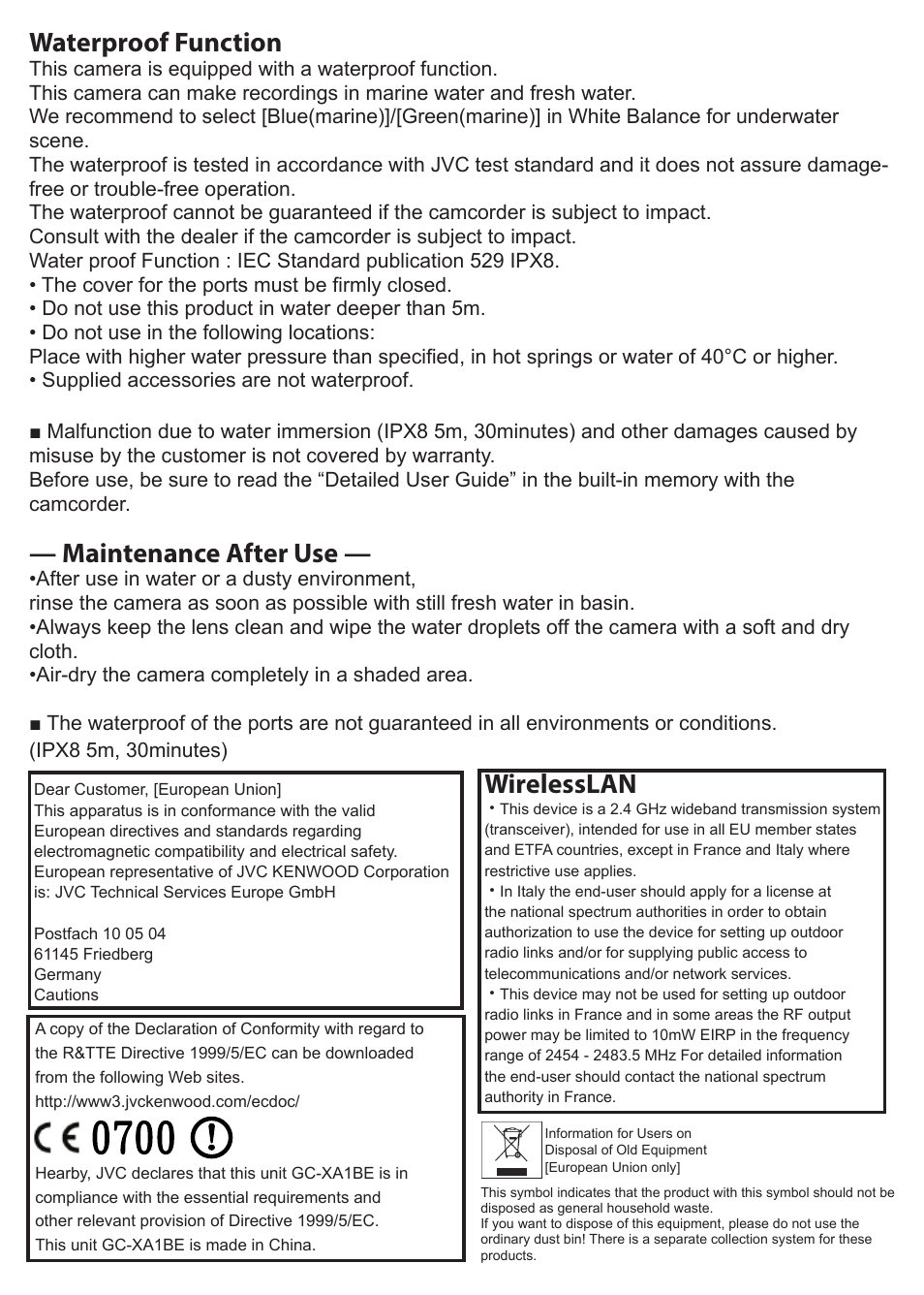 Waterproof function, Maintenance after use, Wirelesslan | JVC GC-XA1 BE User Manual | Page 4 / 210