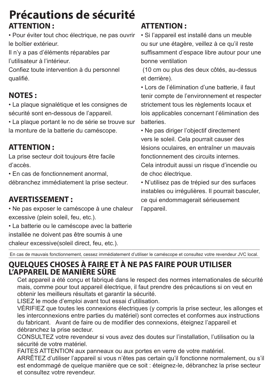 Précautions de sécurité, Attention, Avertissement | JVC GC-XA1 BE User Manual | Page 40 / 210