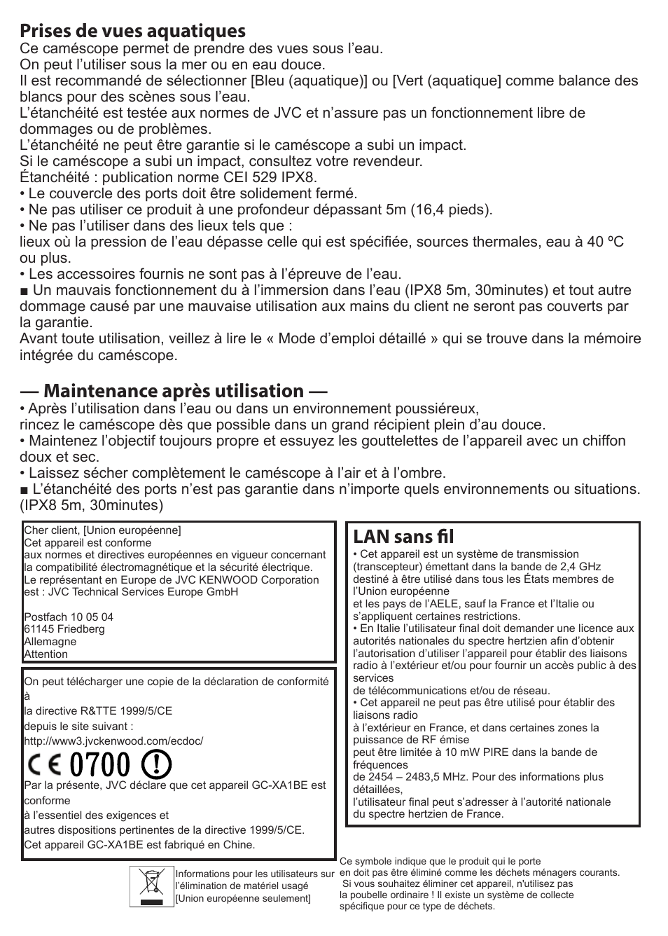 Prises de vues aquatiques, Maintenance après utilisation, Lan sans fil | JVC GC-XA1 BE User Manual | Page 42 / 210